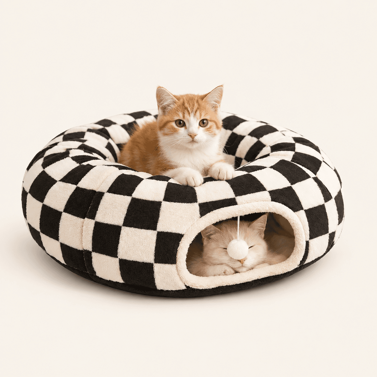 Mizusu checkered plush cat tunnel bed with center cushion