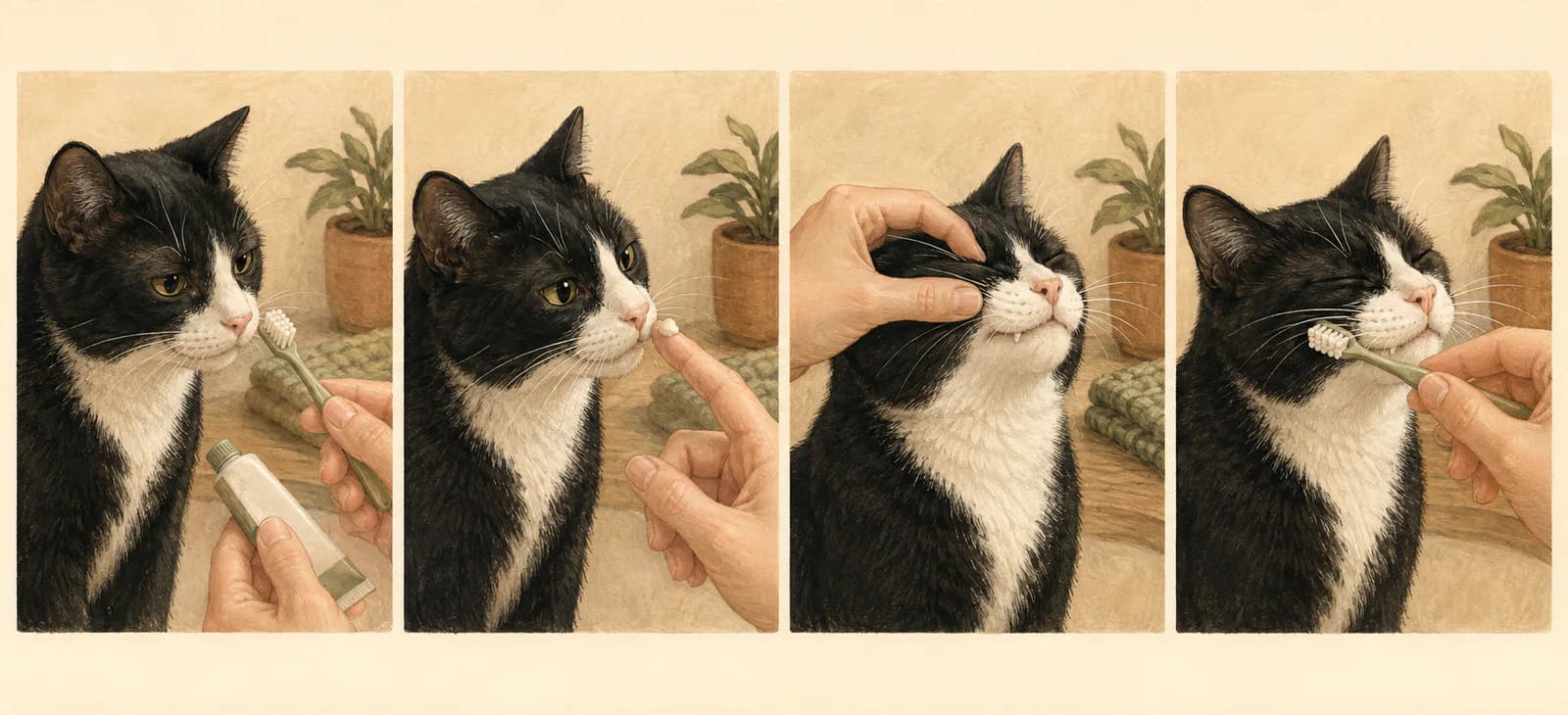 A four-step sequence showing a cat sniffing a toothbrush, tasting cat toothpaste, accepting a gentle lip lift, and having the outer teeth brushed