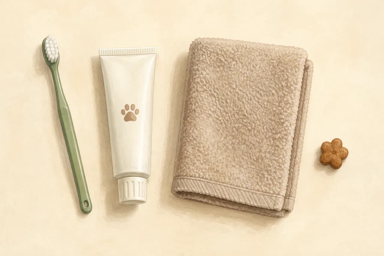 A small soft cat toothbrush, cat toothpaste, folded towel, and reward arranged for a brushing practice session