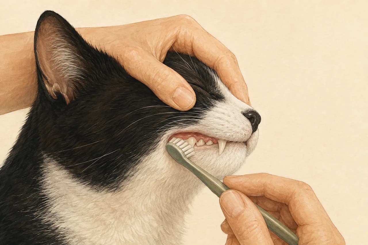 A cat's lip being gently lifted while a small soft toothbrush cleans the outside tooth surfaces near the gumline