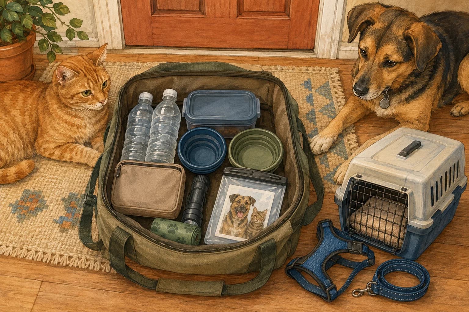 A packed pet emergency bag with water, food, bowls, records, a flashlight, a cat carrier, and a dog harness beside a cat and dog
