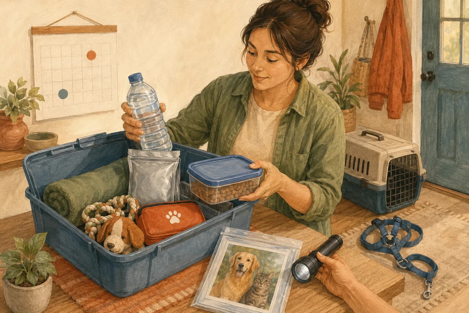A pet owner refreshes water, food, records, and supplies in a pet emergency storage bin