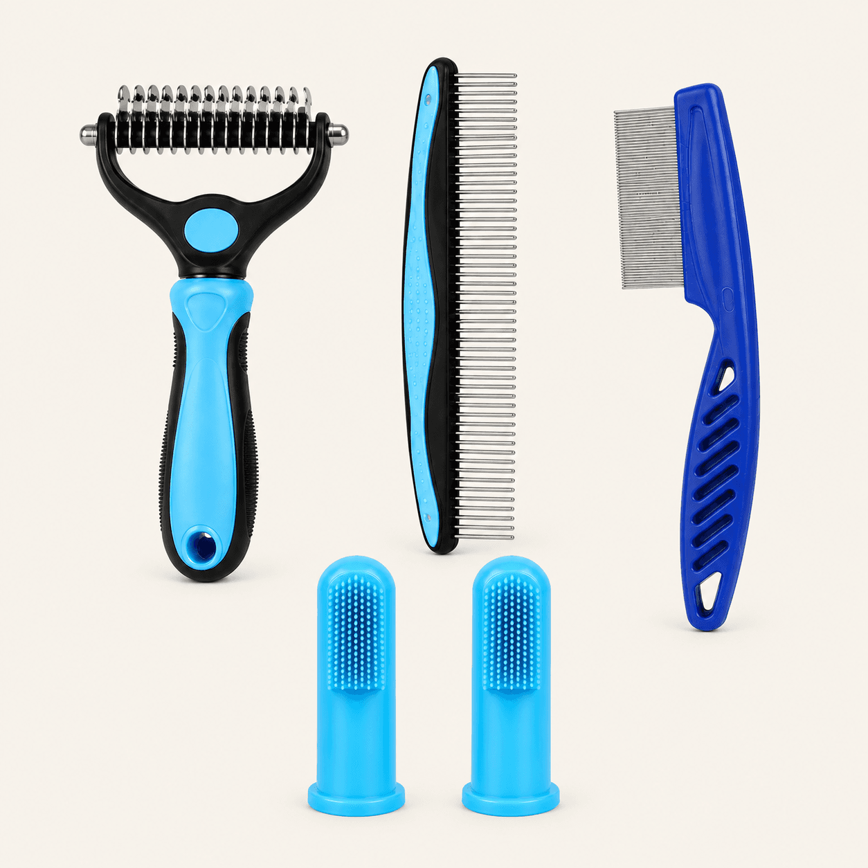Five blue grooming tools including two silicone finger toothbrushes, a rake and two combs
