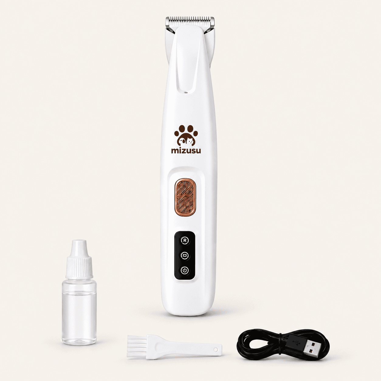 White Mizusu rechargeable pet hair trimmer with LED, cleaning brush and USB cable